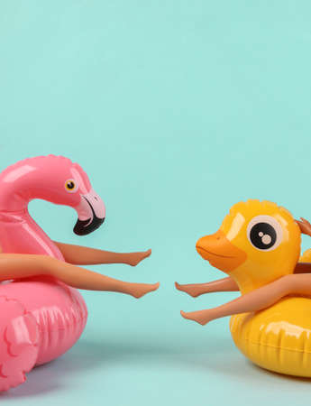 Rerks on an inflatable duck and flamingo on a blue background. Minimal summer vacation concept