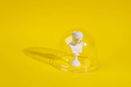 Plaster bust of venus under transparent dome on yellow background. protection, isolation concept....