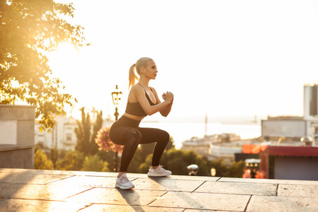 Fitness woman trains leg muscles in the city in the early morning