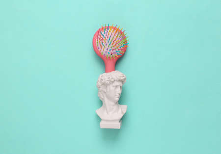 Head of David with colored hairbrush on a light blue background. top view