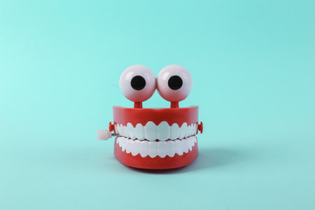 Clockwork jaw on a turquoise background. Minimal fun concept