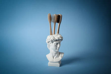 David bust vase with eco toothbrushes on blue background. Minimal aesthetic still lifeの写真素材