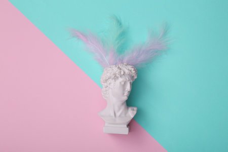 David bust with feathers on pink blue background. creative layout. Minimal still life. flat lay. top viewの写真素材
