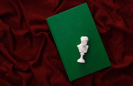 Venus plaster bust with book on red crumpled silk background
