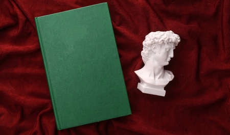 David plaster bust with book on red crumpled silk backgroundの写真素材