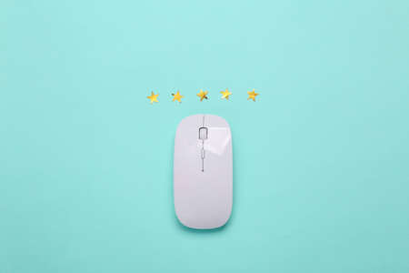 excellent service. Pc mouse with five gold stars on a blue background