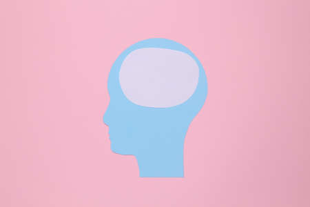 Paper cut human head with blank space for brain on pink background