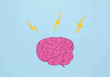 Paper cut human brain with arrows on blue background. Headache, brainstorming or flow of ideas...