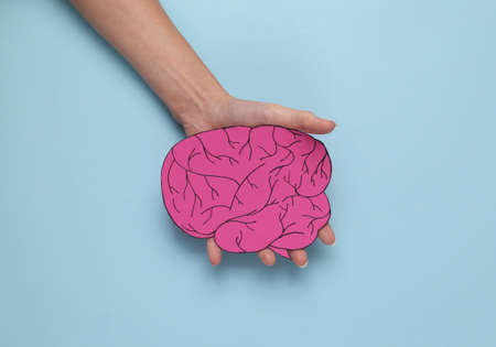 Female hand holding a paper-cut brain on a blue backgroundの写真素材
