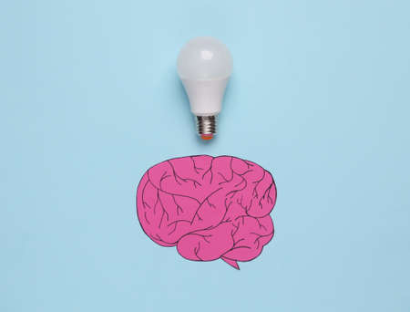 Cutted human brain with a light bulb on pink background. idea conceptの写真素材
