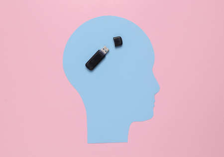 Paper-cut head with usb flash drive on a pink background. storage of memories