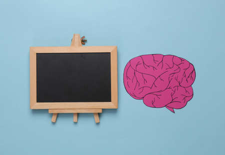 Paper cut brain with chalk board on blue background. Back to school, knowledge concept
