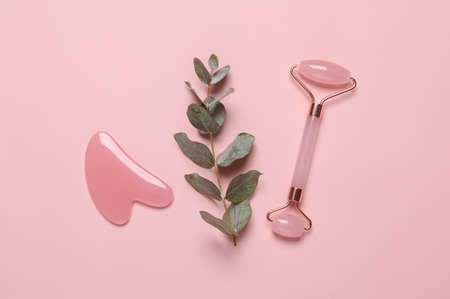 Massage facial roller and a stone with a sprig of eucalyptus on a pink background. Beauty, facial skin care conceptの写真素材