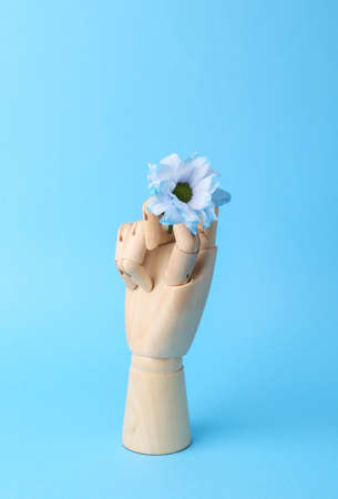 Wooden hand holding flower on blue background. Romantic, love concept