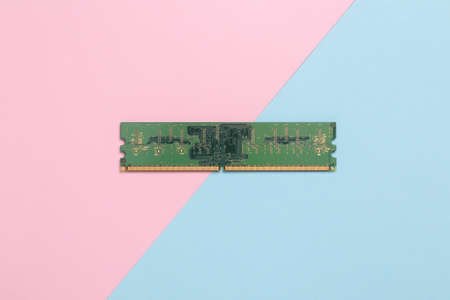 RAM microchip on blue pink pastel background. top viewの写真素材