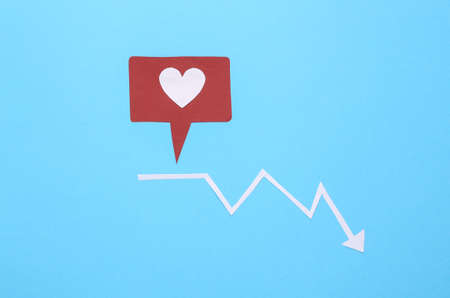 Social network activity statistics. Like notification icon with drop arrow on blue background