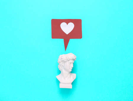David bust with like notification icon on turquoise background. social media. Rating, followers...