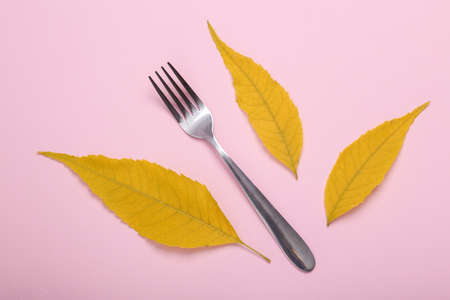 Fork with fallen yellow leaves on a pink background. top viewの写真素材