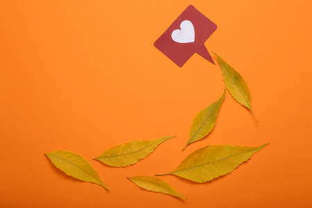 Feedback from subscribers. Like icon with autumn leaves on orange backgroundの写真素材