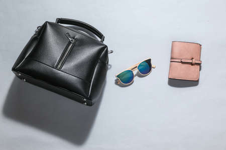 Stylish fashionable women's accessories on a bright gray background with shadow. Wallet, bag and...