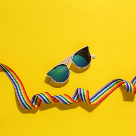 Stylish sunglasses and lgbt rainbow ribbon on yellow background with shadow. top viewの写真素材