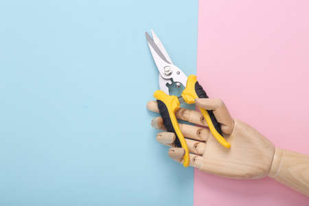 Wooden hand holding a pruner on a blue-pink pastel background