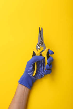 a hand in work gloves holds a pruner on a yellow backgroundの写真素材