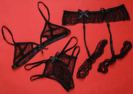 Sexy lace bra with panties and garter belt on a red background. sexy lingerie. top viewの写真素材