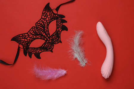 The concept of role-playing sexual games. Lace mask with vibrator and feathers on a red backgroundの写真素材