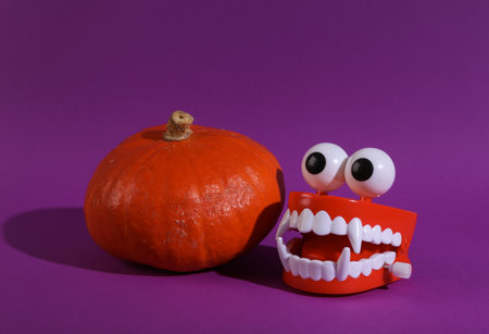 Halloween decor. Monster clockwork jaw with pumpkin on purple backgroundの写真素材
