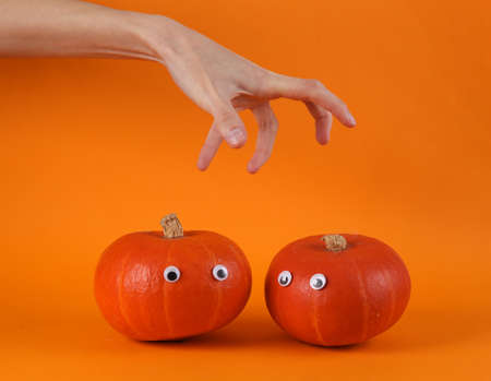 Two Frightened goggle-eyed pumpkins and a hand on an orange background. Minimal halloween still life