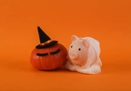 Mummy piggy bank wrapped in bandages and pumpkin with false eyelashes and witch hat on orange background. Trick or treat. Halloween still lifeの写真素材