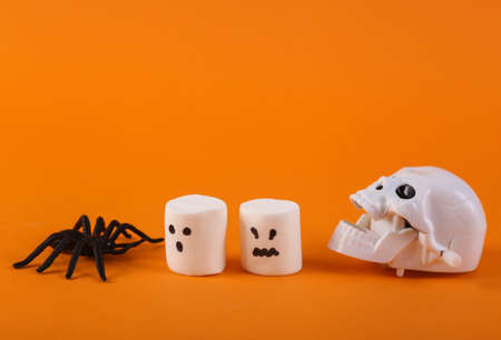 Marshmallow ghosts with a spider and a skull on an orange background. Halloween still lifeの写真素材