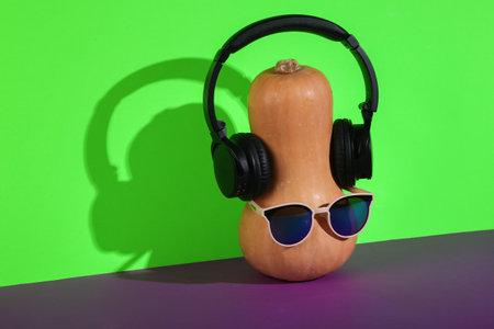 Halloween party. Halloween pumpkin with stereo headphones and sunglasses on a green-purple background. creative layoutの写真素材