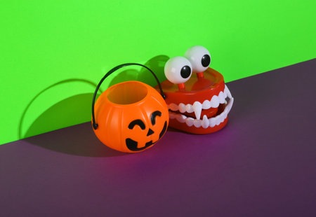 Monster clockwork jaw with halloween candy bucket on green purple backgroundの写真素材