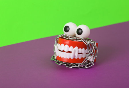 Clockwork Jaw of a monster wrapped in a chain on a green-purple background. Halloween still life