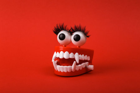 Funny toy clockwork jumping monster teeth with eyes and false eyelashes on red background. beauty conceptの写真素材