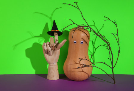 Minimal halloween layout. Creative still life with Halloween themed decorの写真素材