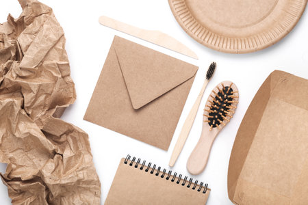 Zero waste simple creative concept. Trendy eco things on white background. top view, flat lay