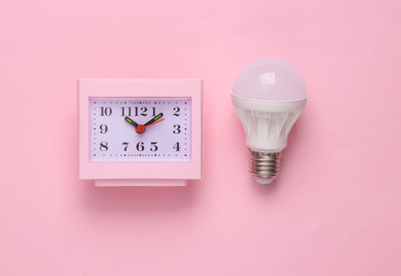 Time for creative ideas. Clock with calculator on pink backgroundの写真素材