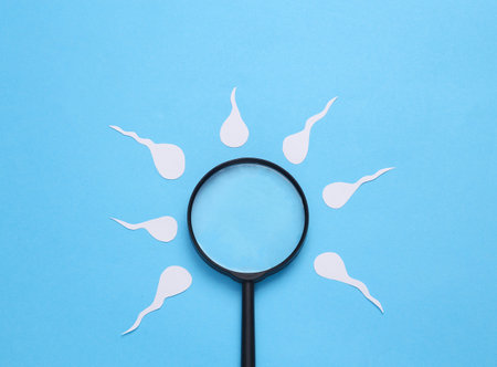 Diagnosis of male reproductive function. Spermatozoa, male seed with a magnifying glass on a blue...