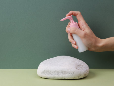 Aesthetic beauty still life. Hand holding Bottle of cream or liquid soap on two tone green background with stone.の写真素材