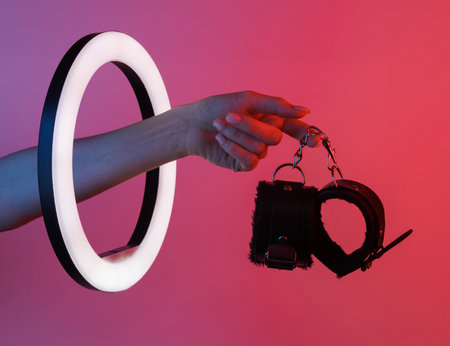 Woman's hand holding sex shop leather handcuffs through led ring lamp, neon gradient light. sex games. creative ideas.の写真素材