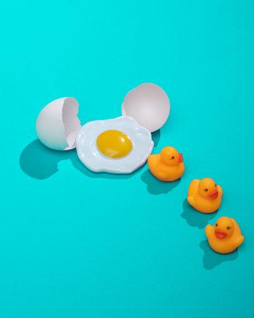 Creative layout with hatched ducklings from eggs and scrambled eggs. Bright blue background with...