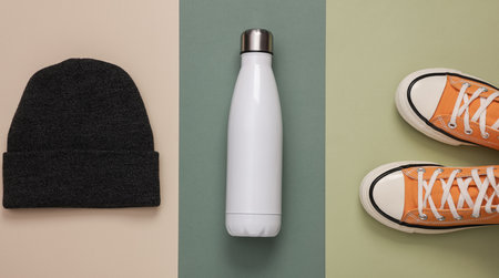 camping equipment. Flask bottle, hat and sneakers on green background. top viewの写真素材