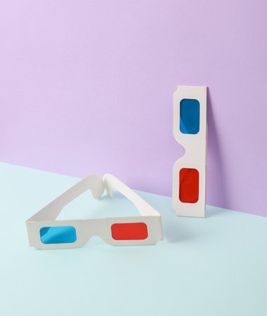 Creative retro 80s layout with 3d glasses on pastel background. concept pop. Minimal still life