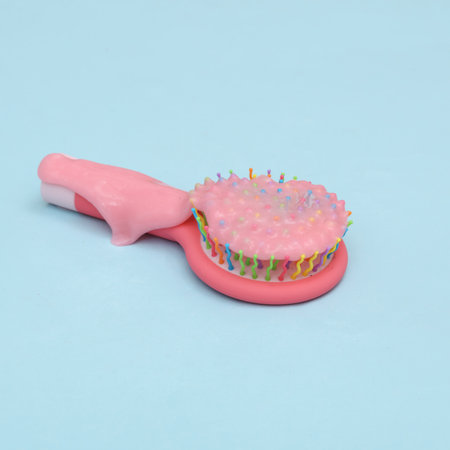 creative beauty layout. Plastic hair brush with pink slime on blue pastel background. visual trend....