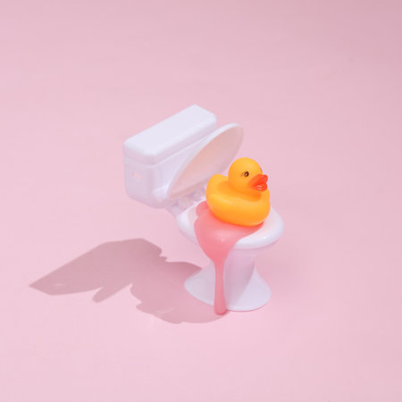 Creative layout, toilet with slime and rubber duck on bright pink background with shadow. visual trend. fresh ideas. concept popの写真素材