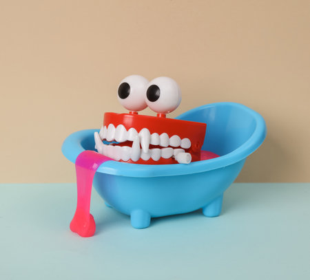 Creative halloween still life, toy bathroom sink with monster jaw and neon slime on two tone pastel...
