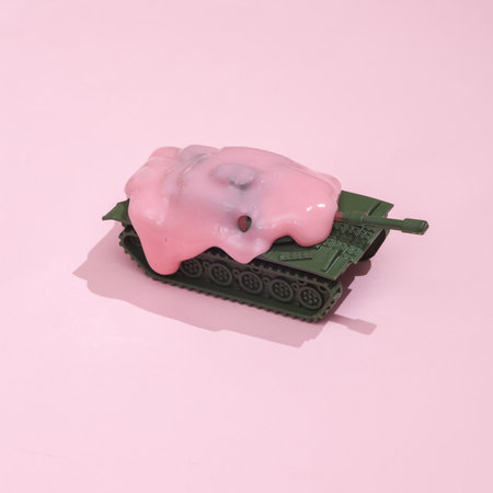 Creative layout, military tank with slime on pink background with shadow. visual trend. fresh ideas....